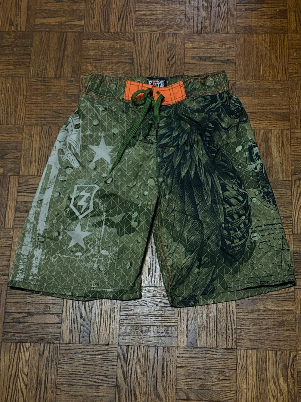 MMA Elite Men's Olive Green Graphic Swim Board Shorts with Contrast Waist